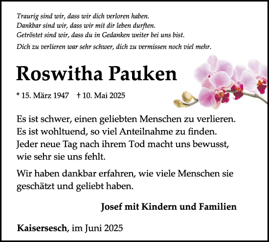 Traueranzeige von Roswitha Pauken von WochenSpiegel