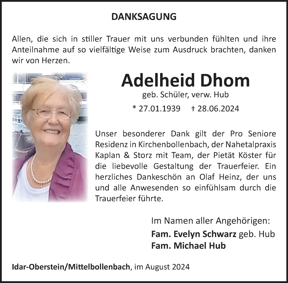 Traueranzeige für Adelheid Dhom vom 10.08.2024 aus WochenSpiegel