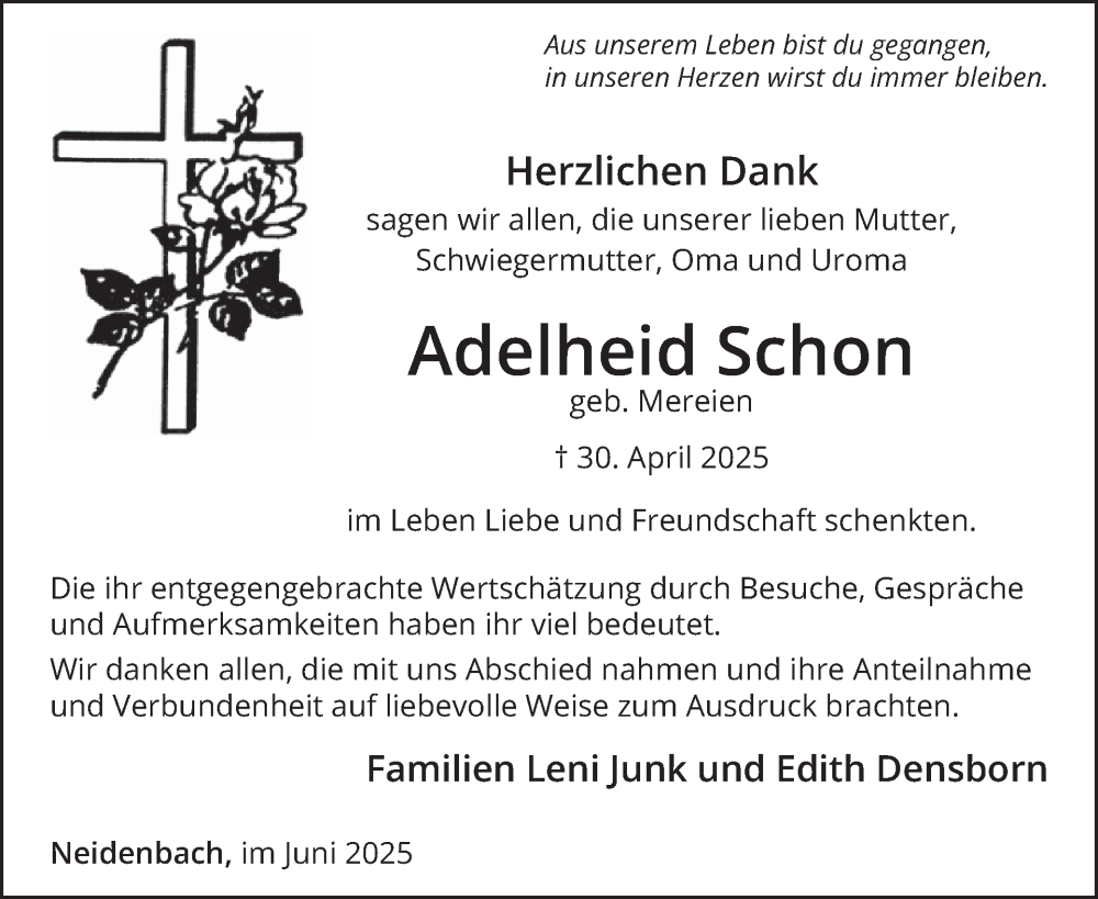 Traueranzeige für Adelheid Schon vom 27.06.2025 aus WochenSpiegel