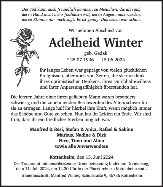 Traueranzeige von Adelheid Winter von WochenSpiegel
