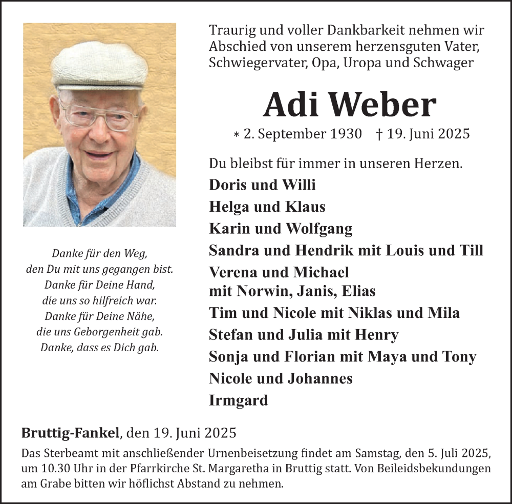  Traueranzeige für Adi Weber vom 25.06.2025 aus WochenSpiegel