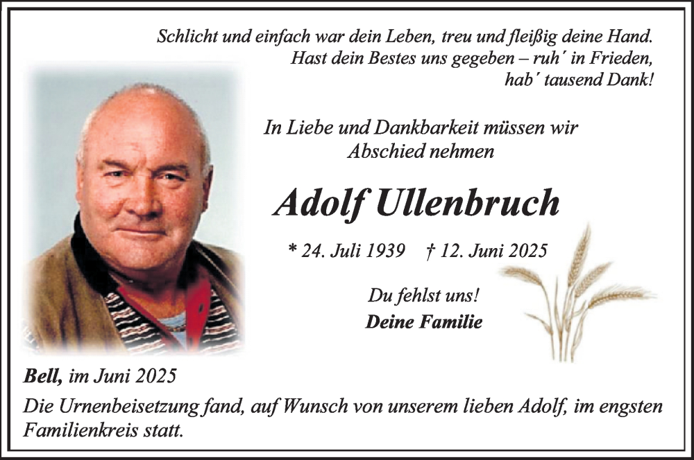  Traueranzeige für Adolf Ullenbruch vom 25.06.2025 aus WochenSpiegel