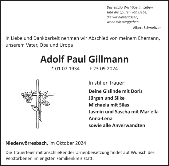 Traueranzeige von Adolf Paul Gillmann von WochenSpiegel