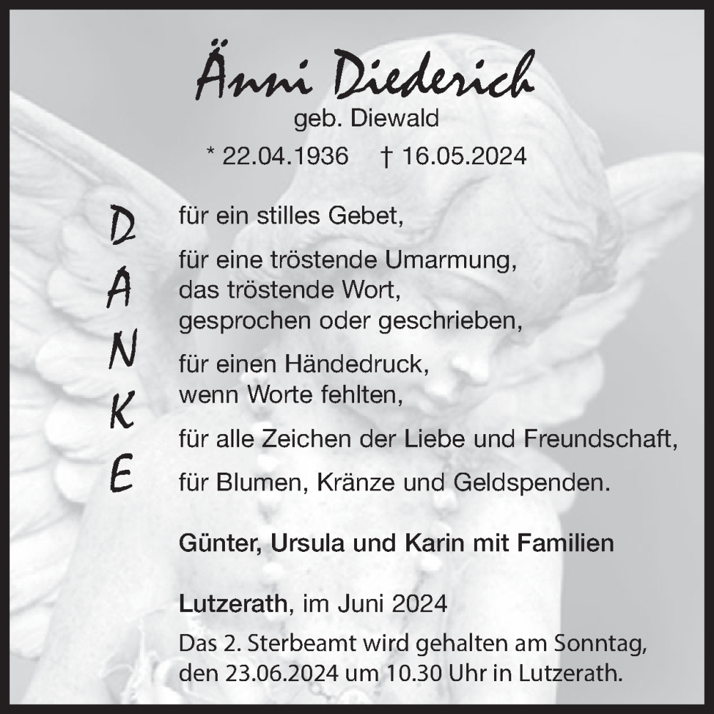  Traueranzeige für Änni Diederich vom 19.06.2024 aus WochenSpiegel