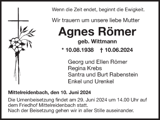 Traueranzeige von Agnes Römer von WochenSpiegel