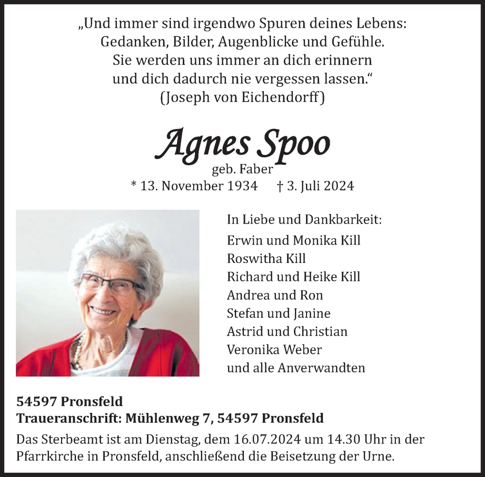  Traueranzeige für Agnes Spoo vom 12.07.2024 aus WochenSpiegel