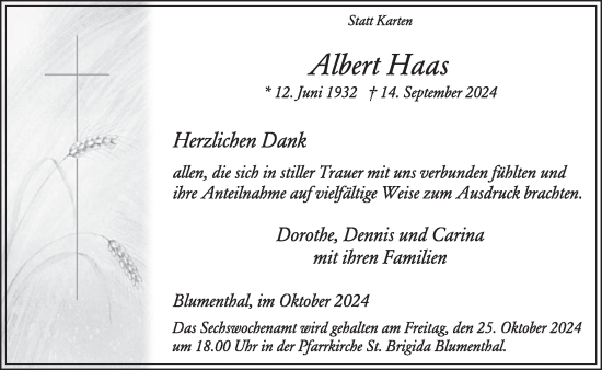 Traueranzeige von Albert Haas von WochenSpiegel