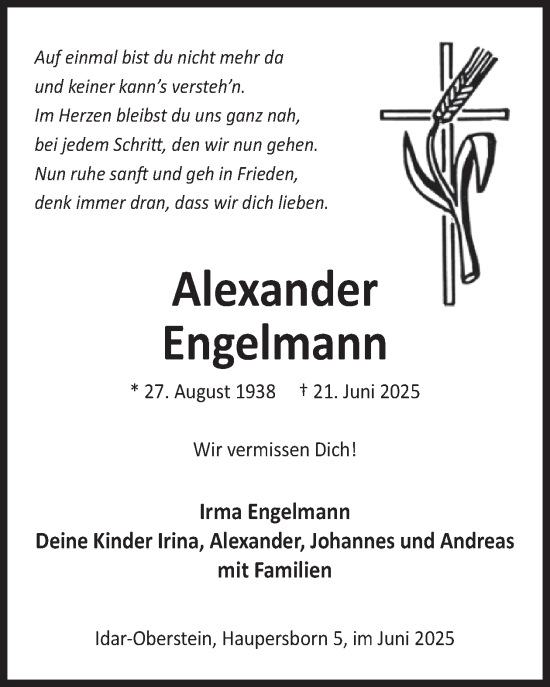 Traueranzeige von Alexander Engelmann von WochenSpiegel