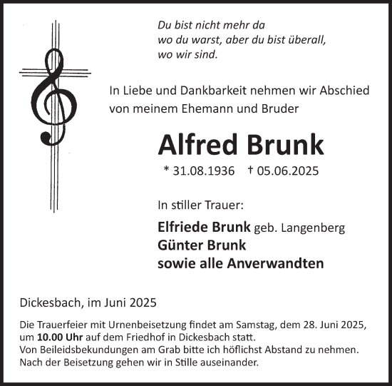 Traueranzeige von Alfred Brunk von WochenSpiegel