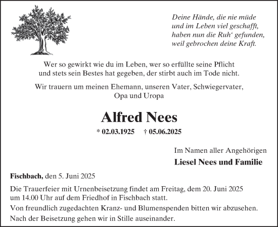 Traueranzeige von Alfred Nees von WochenSpiegel