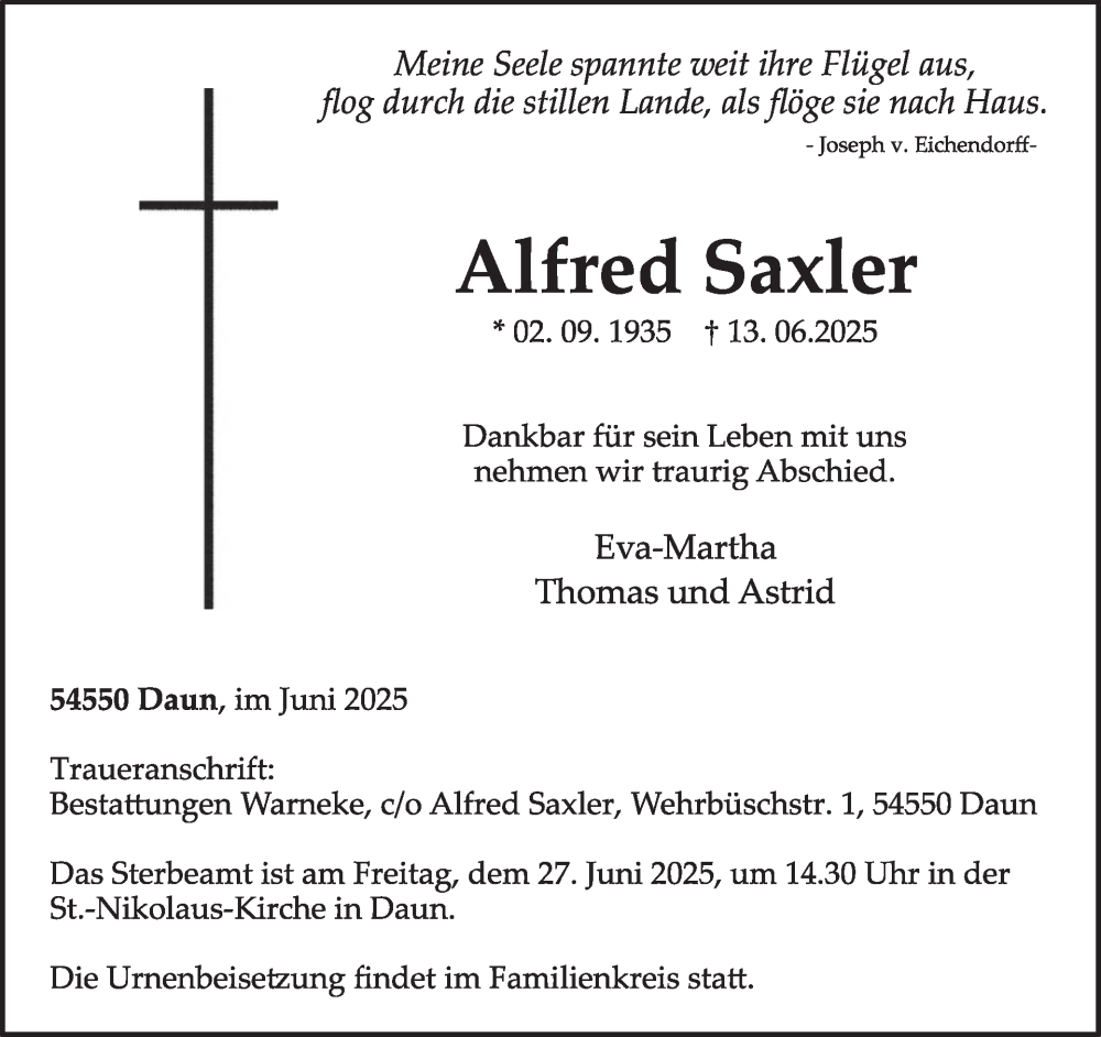  Traueranzeige für Alfred Saxler vom 21.06.2025 aus WochenSpiegel