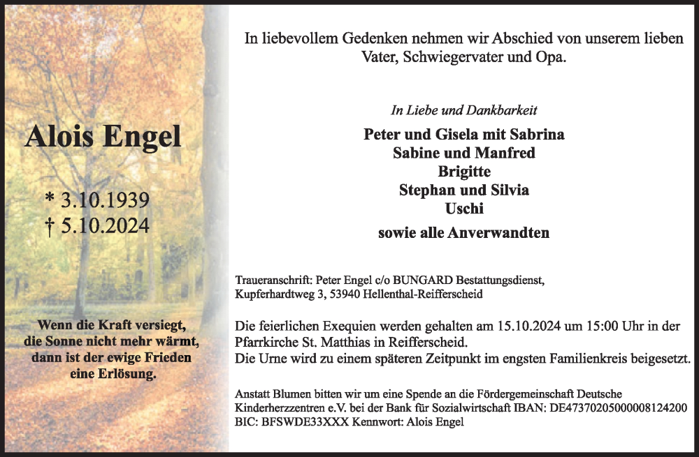  Traueranzeige für Alois Engel vom 09.10.2024 aus WochenSpiegel