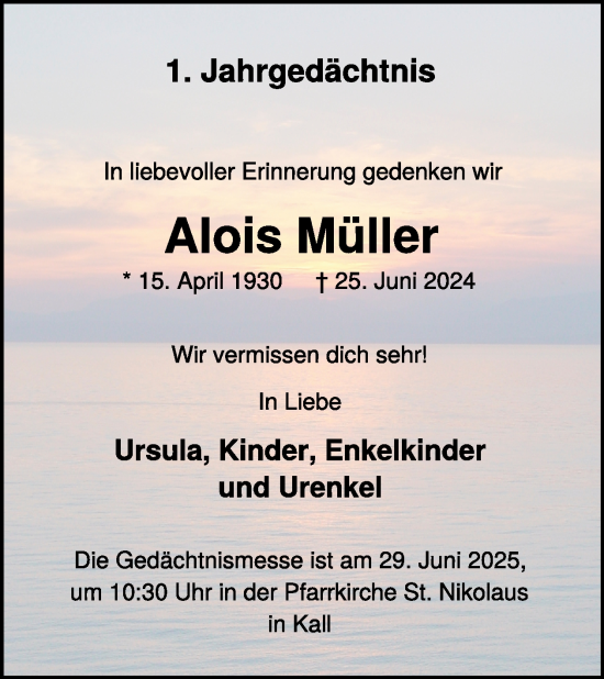 Traueranzeige von Alois Müller von WochenSpiegel