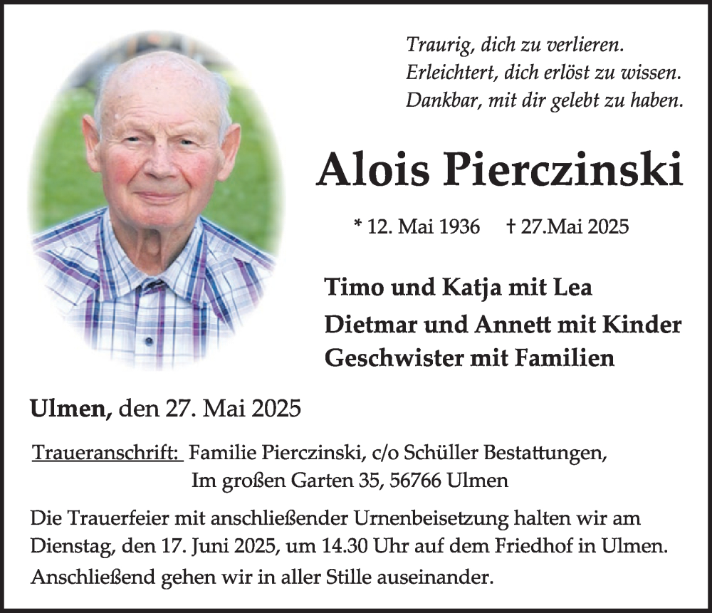  Traueranzeige für Alois Pierczinski vom 11.06.2025 aus WochenSpiegel