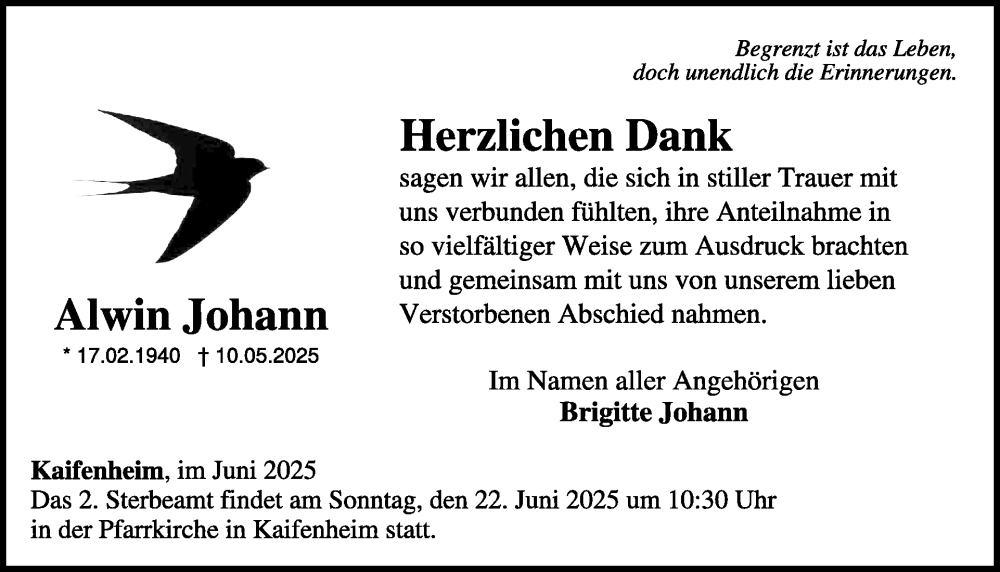  Traueranzeige für Alwin Johann vom 04.06.2025 aus WochenSpiegel