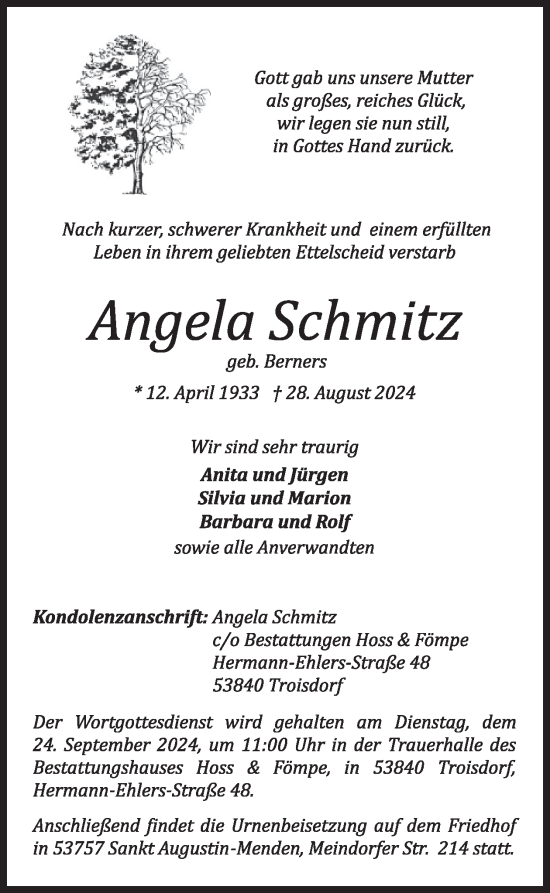 Traueranzeige von Angela Schmitz von WochenSpiegel