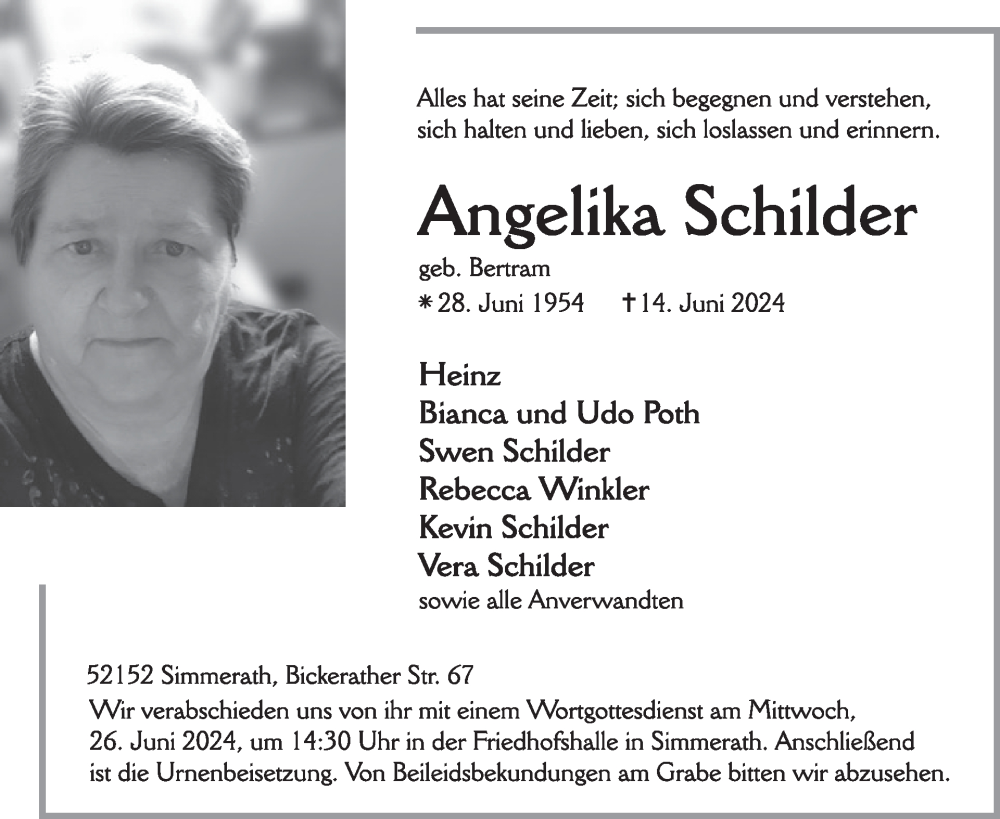  Traueranzeige für Angelika Schilder vom 19.06.2024 aus WochenSpiegel
