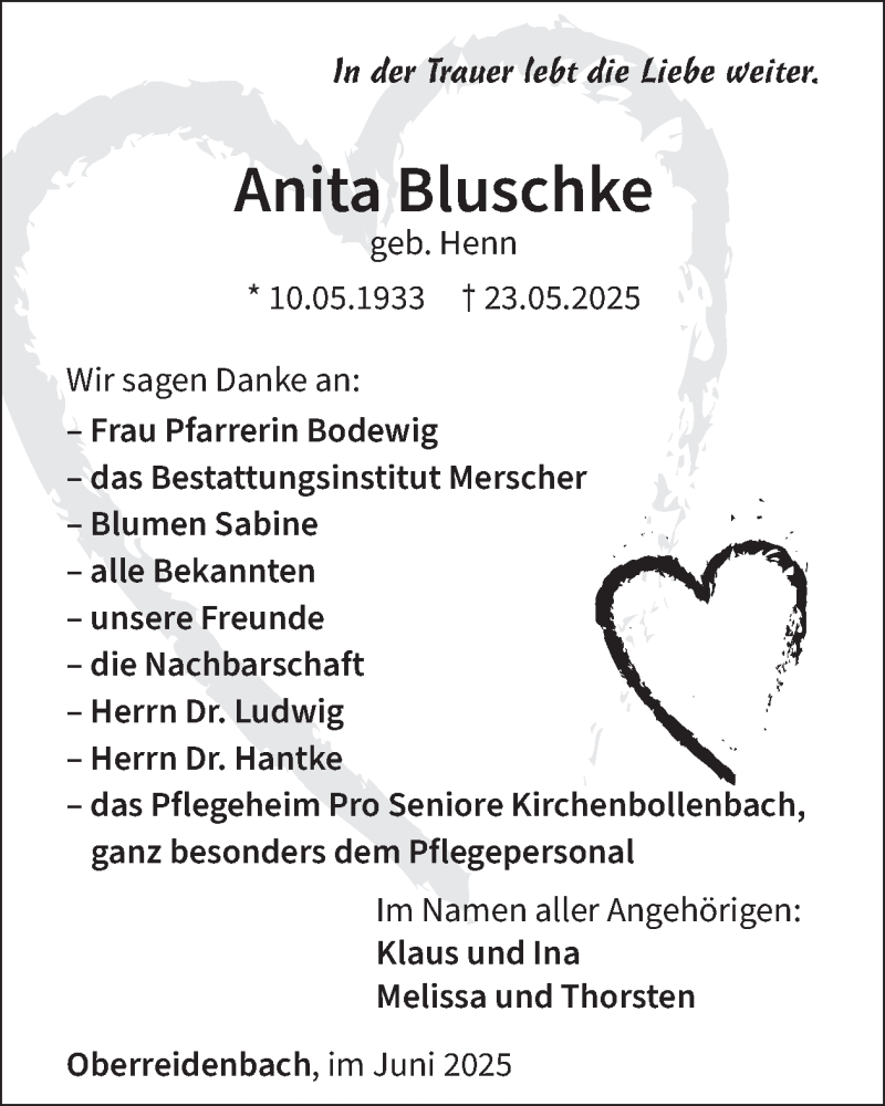  Traueranzeige für Anita Bluschke vom 28.06.2025 aus WochenSpiegel