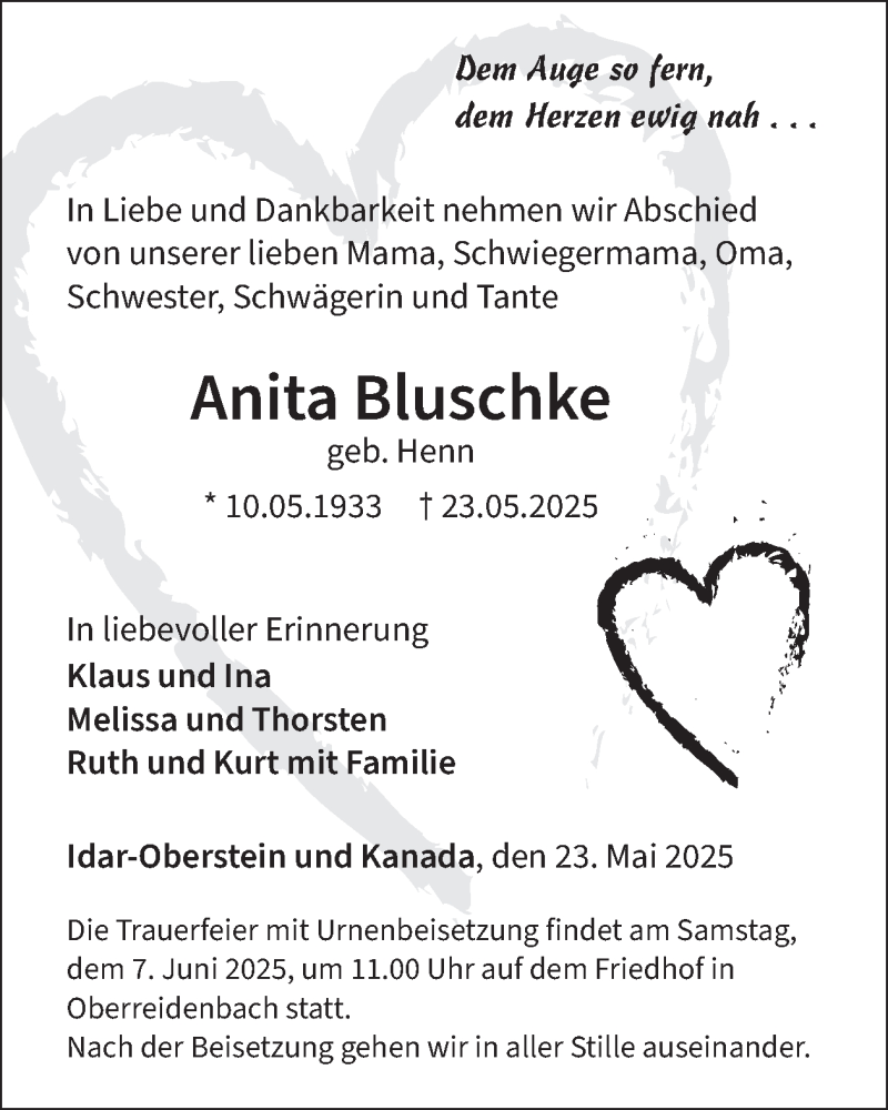  Traueranzeige für Anita Bluschke vom 07.06.2025 aus WochenSpiegel