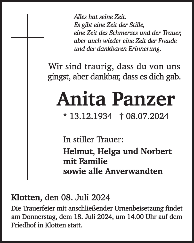  Traueranzeige für Anita Panzer vom 17.07.2024 aus WochenSpiegel