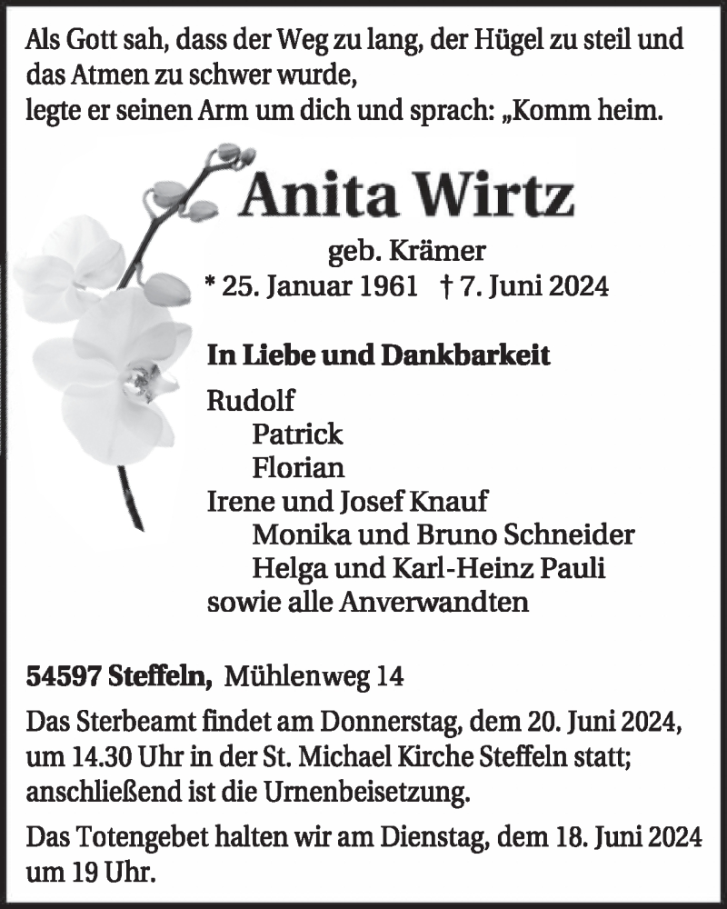  Traueranzeige für Anita Wirtz vom 15.06.2024 aus WochenSpiegel