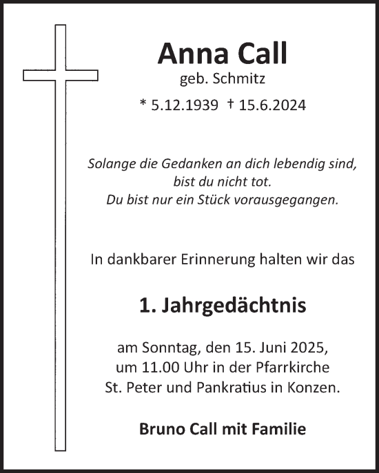 Traueranzeige von Anna Call von WochenSpiegel