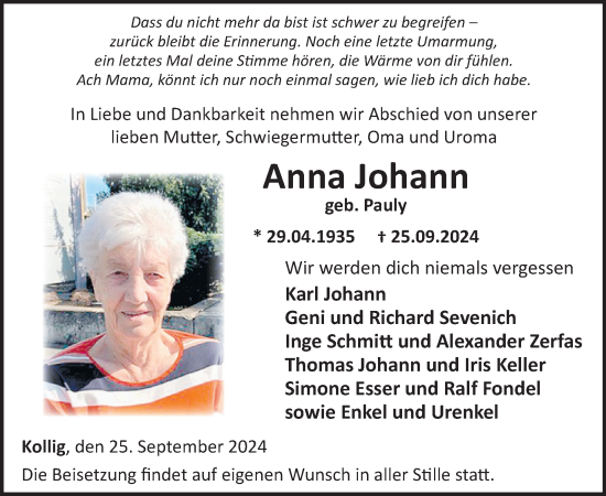 Traueranzeige von Anna Johann von WochenSpiegel