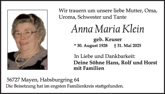 Traueranzeige von Anna Maria Klein von WochenSpiegel