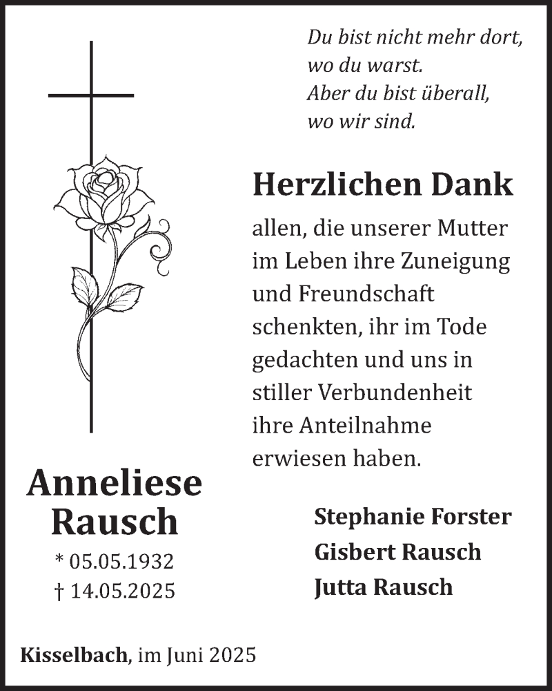  Traueranzeige für Anneliese Rausch vom 14.06.2025 aus WochenSpiegel