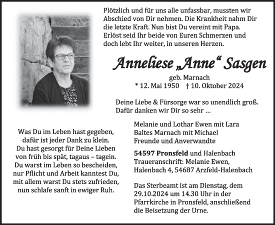 Traueranzeige von Anneliese Sasgen von WochenSpiegel