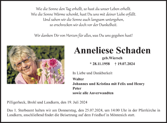 Traueranzeige von Anneliese Schaden von WochenSpiegel