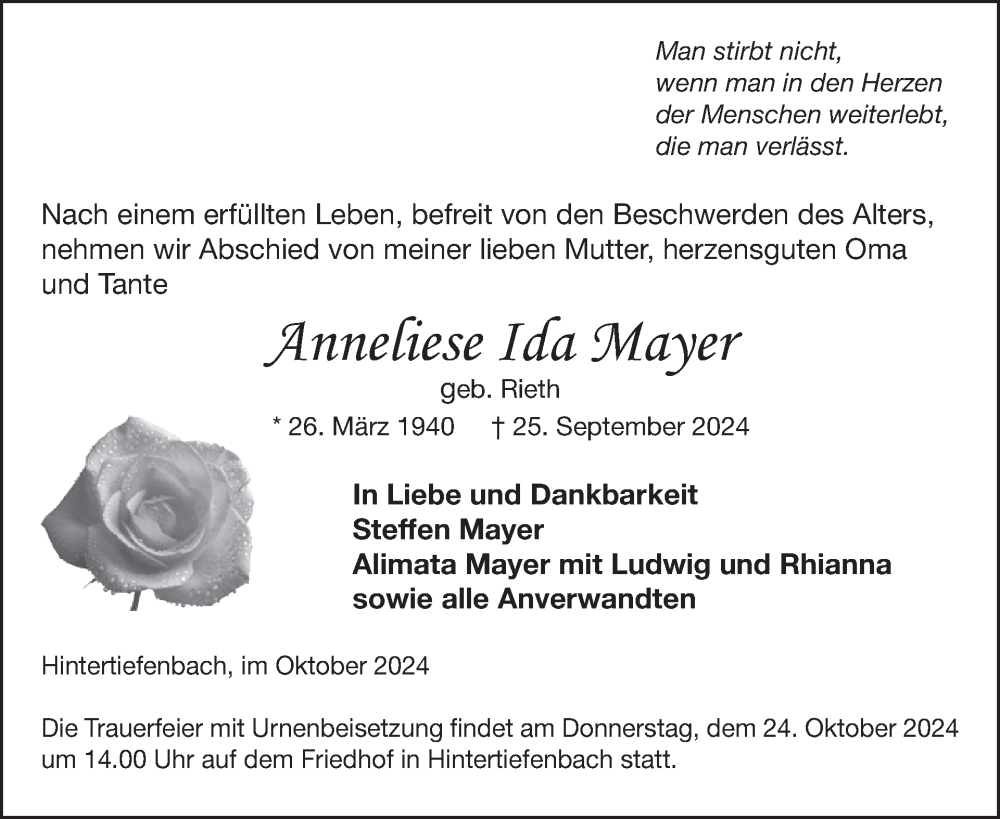  Traueranzeige für Anneliese Ida Mayer vom 19.10.2024 aus WochenSpiegel