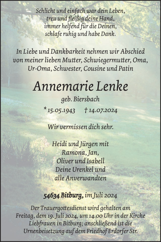 Traueranzeige von Annemarie Lenke von WochenSpiegel