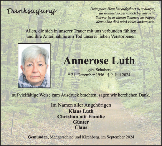 Traueranzeige von Annerose Luth von WochenSpiegel