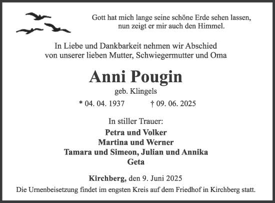Traueranzeige von Anni Pougin von WochenSpiegel