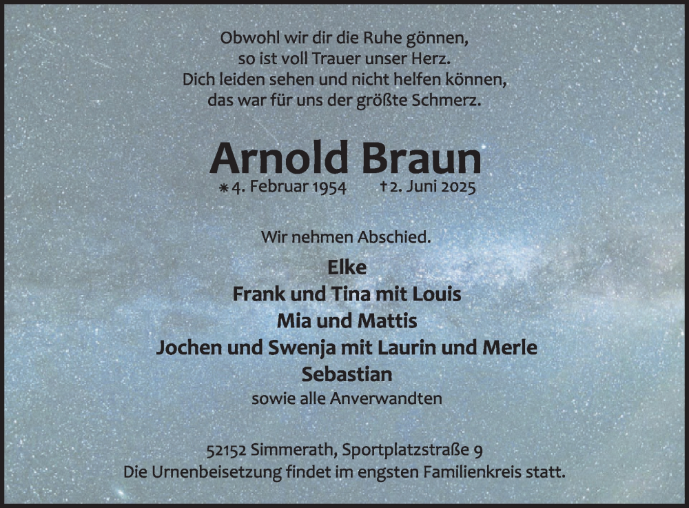  Traueranzeige für Arnold Braun vom 11.06.2025 aus WochenSpiegel