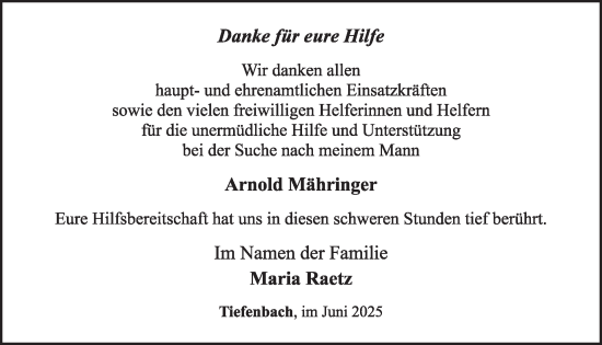 Traueranzeige von Arnold Mähringer von WochenSpiegel