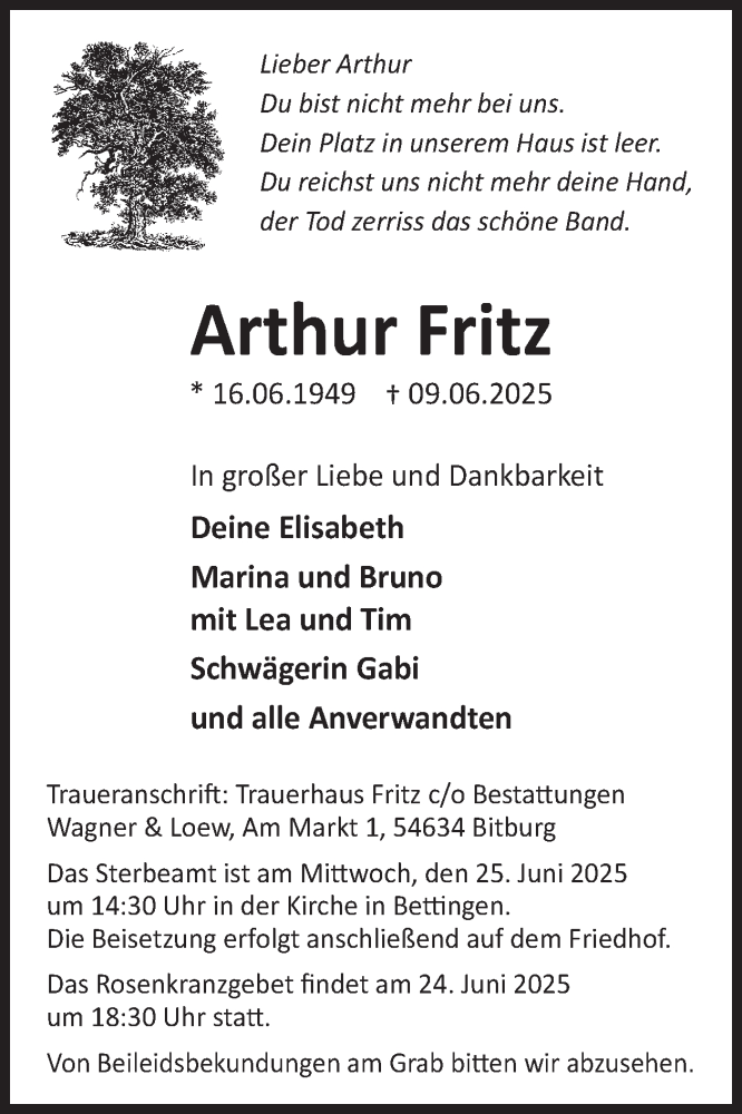  Traueranzeige für Arthur Fritz vom 20.06.2025 aus WochenSpiegel