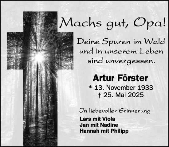 Traueranzeige von Artur Förster von WochenSpiegel