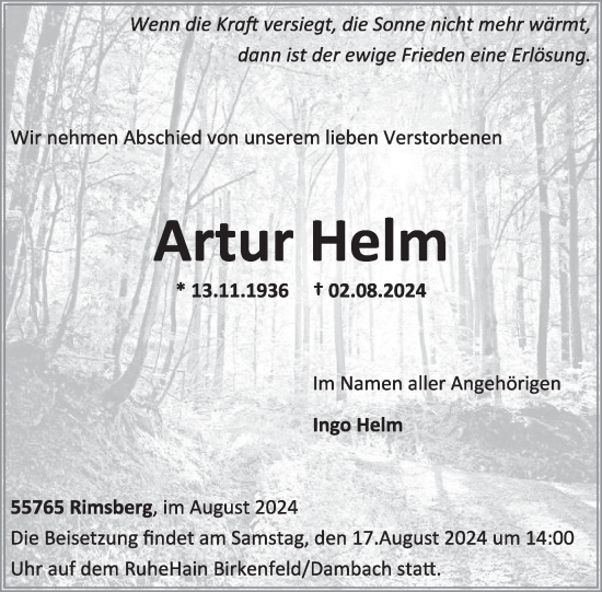 Traueranzeige von Artur Helm von WochenSpiegel