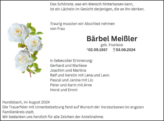 Traueranzeige von Bärbel Meißler von WochenSpiegel