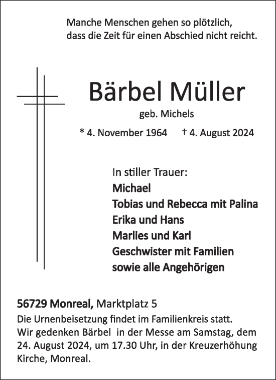 Traueranzeige von Bärbel Müller von WochenSpiegel
