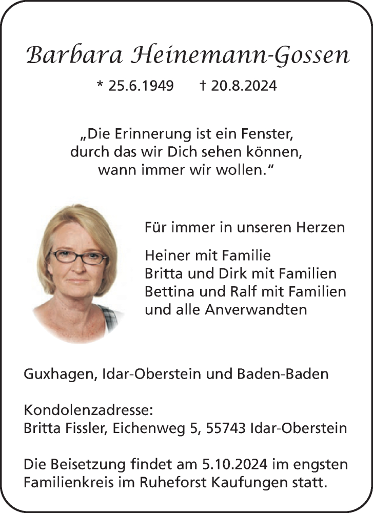  Traueranzeige für Barbara Heinemann-Gossen vom 14.09.2024 aus WochenSpiegel