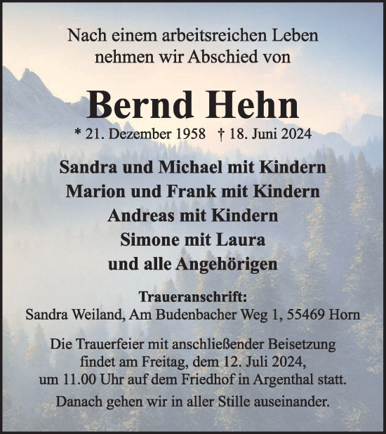 Traueranzeige von Bernd Hehn von WochenSpiegel