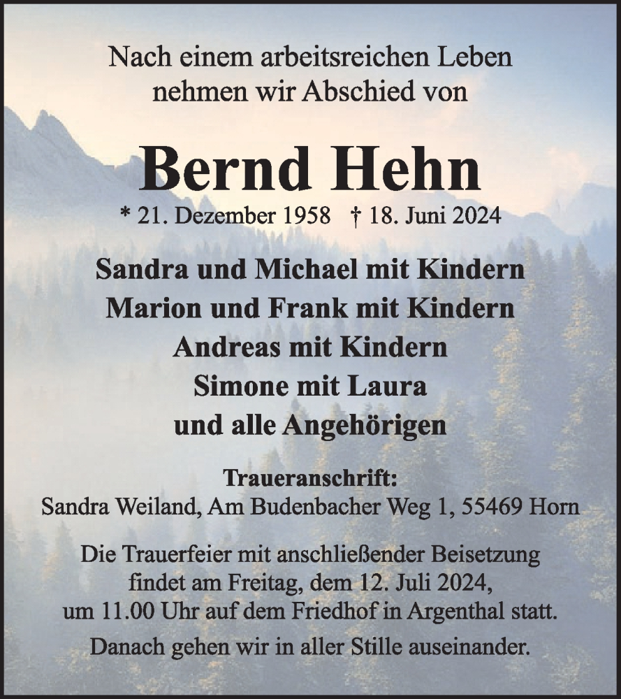  Traueranzeige für Bernd Hehn vom 29.06.2024 aus WochenSpiegel