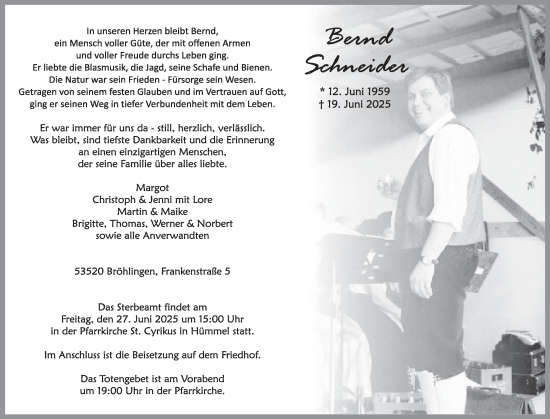 Traueranzeige von Bernd Schneider von WochenSpiegel