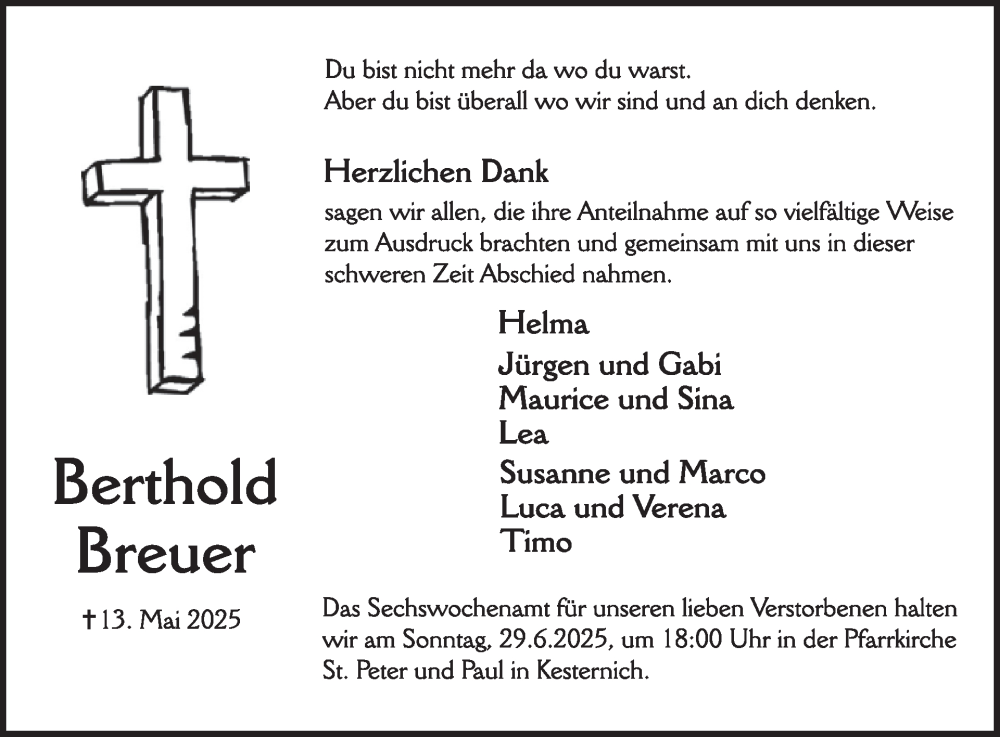  Traueranzeige für Berthold Breuer vom 25.06.2025 aus WochenSpiegel