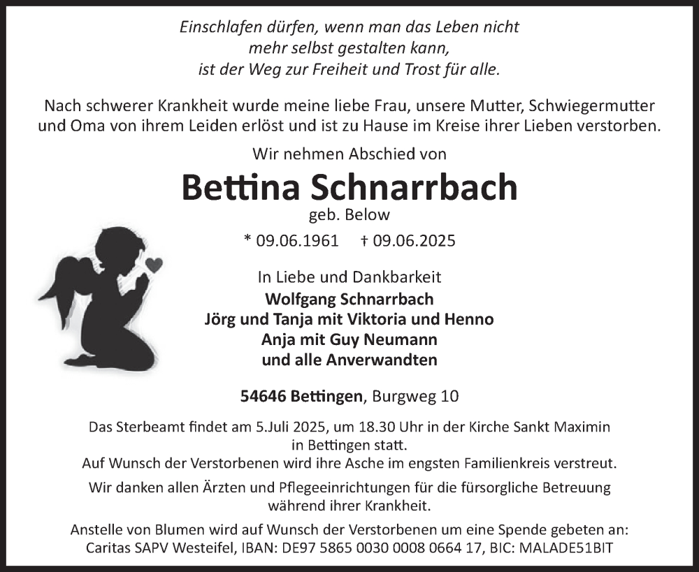  Traueranzeige für Bettina Schnarrbach vom 27.06.2025 aus WochenSpiegel