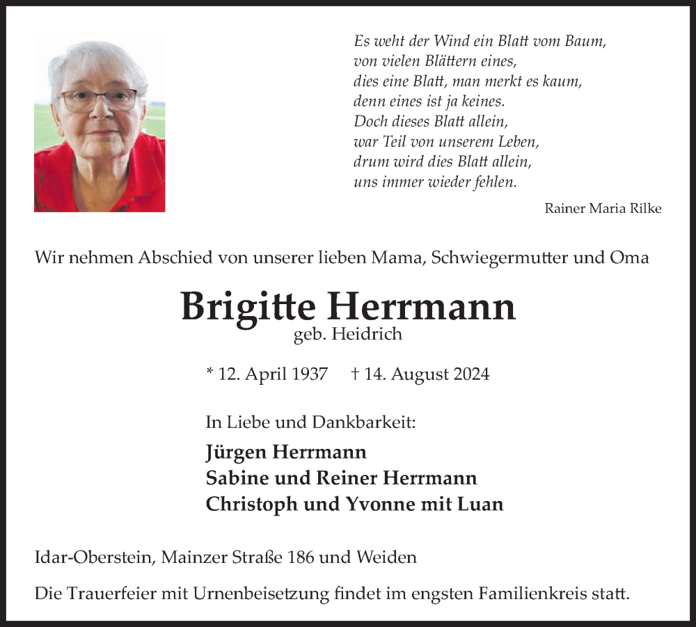  Traueranzeige für Brigitte Herrmann vom 24.08.2024 aus WochenSpiegel