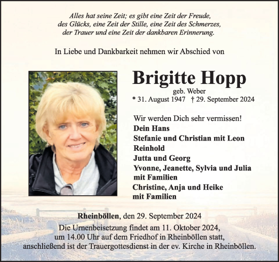 Traueranzeige von Brigitte Hopp von WochenSpiegel